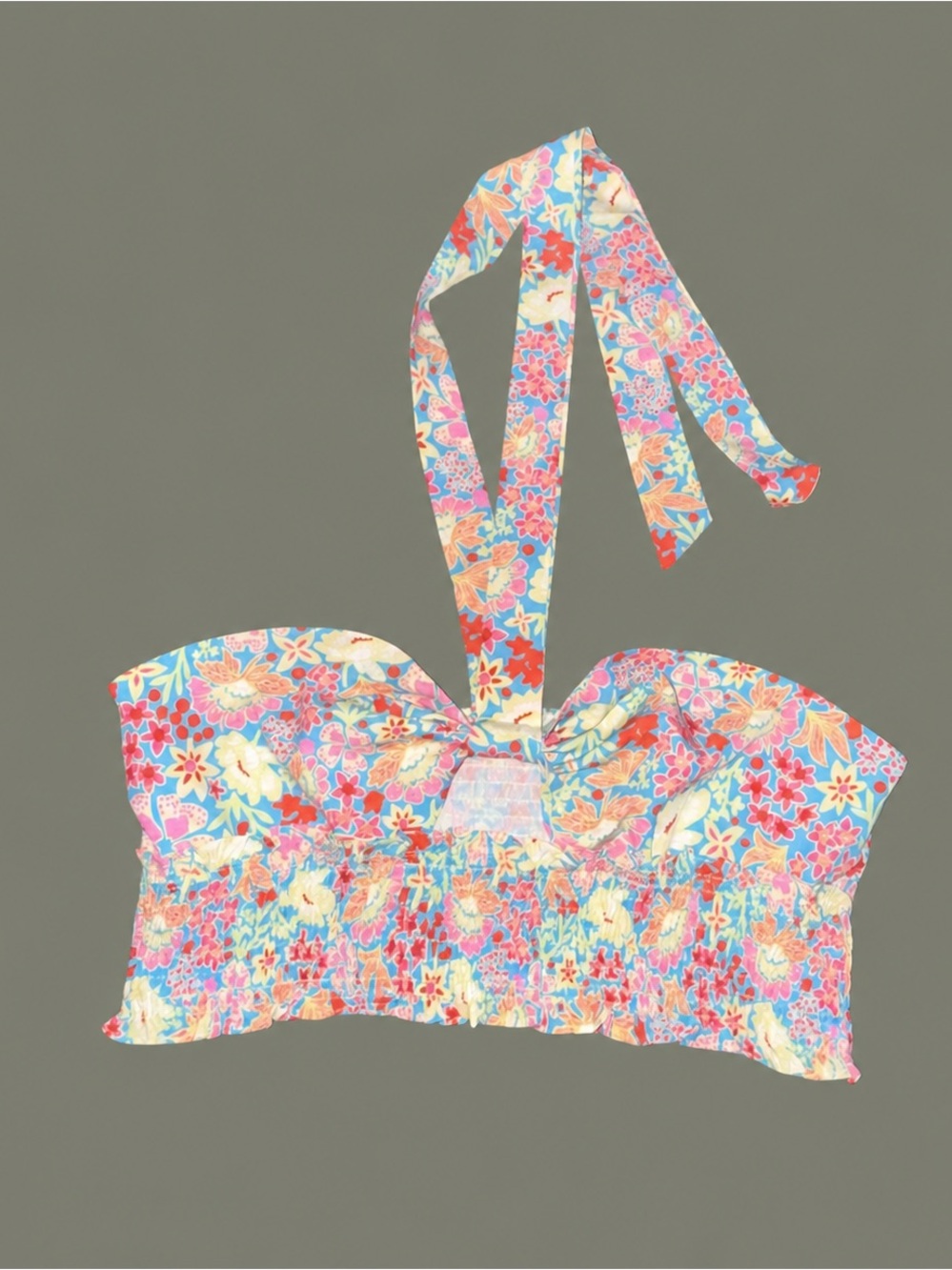 SHEIN Floral Shirred Halter Crop Top in Blue, Pink & Yellow